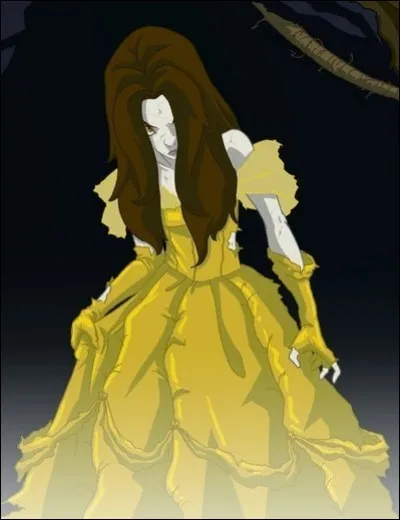 Part of her dress is torn. It is...