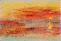 Which English landscape painter created 'Le coucher de soleil ecarlate: une ville sur un fleuve'?