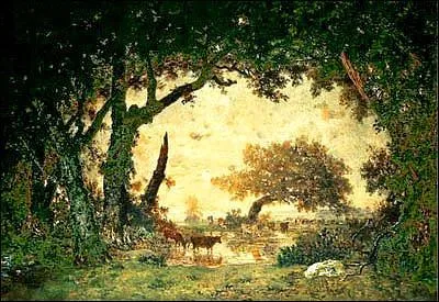 Which painter from the Barbizon School painted 'Sortie de foret a Fontainebleau au soleil couchant'?