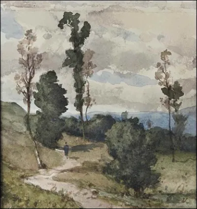 Who painted Promeneur sur un chemin sinueux dans un paysage arbore ?
