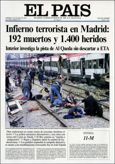 Madrid bombings caused by Islamist terrorists: several bombs exploded on commuter trains, killing 192 people and injuring almost 2000: