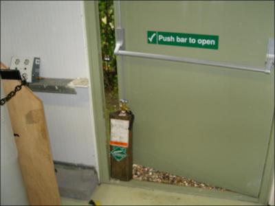 When is it appropriate to prop open a Fire Exit with a Gas cylinder?