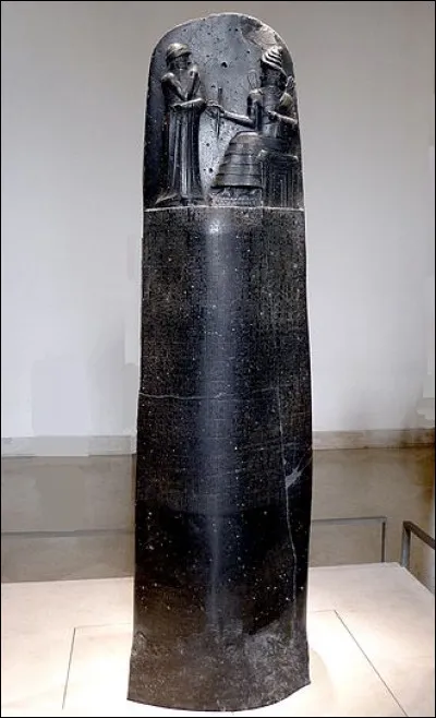 What was the name of the Babylonian king who is known to have drawn up humanity's first legal code in 1750 BC? The text is engraved on a black basalt stele.