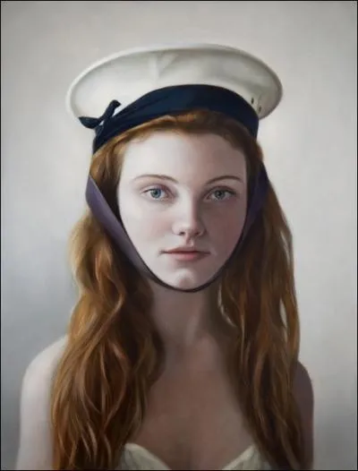 This young woman in a navy cap is painted photographically. Who is this contemporary painter?