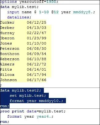 How do the year cutoff lines and the code highlighted in blue interact?