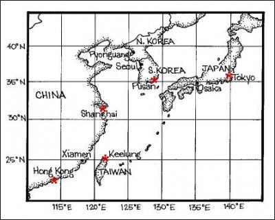 If you started at Shanghai and traveled to Tokyo, about how many degrees of Latitude have you traveled?