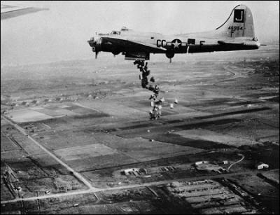At the end of World War II, British and American planes dropped food to the starving people of which country?
