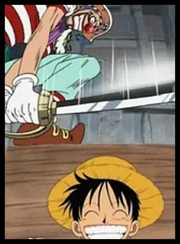 Episode 52 - Luffy almost has his head cut off by Baggy at the very spot where Gol D. Roger died 22 years ago. What saves him ?