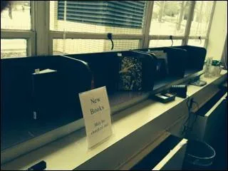 New books are shelved in the brown book shelves on the window sill. New books cannot be checked out.