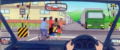 You are about to proceed through a railway crossing at the speed of 10 km/hr. What should you be on the lookout for?

You are trying to pass a narrow railway crossing but there is pedestrian to the left and oncoming vehicle to the right so you must wait until the pedestrian pass then you must go follow them on their back.