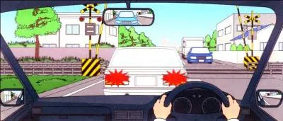 On the railway crossing an automobile in front of you stop what are cautions you should do?

Because of the opposite lane is a large size truck might not in sufficient for both of you to pass, so you quickly accelerate and proceed.