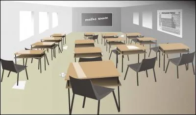 What is wrong with this exam room?
A) Incomplete information on the board! 
B) Potentially helpful display material on the wall
C) Notice to candidates and candidate warning posters not displayed
D) Bright sunlight coming through the windows
E) Rubbish on the floor
F) No clock
G) Desks have shelves underneath them